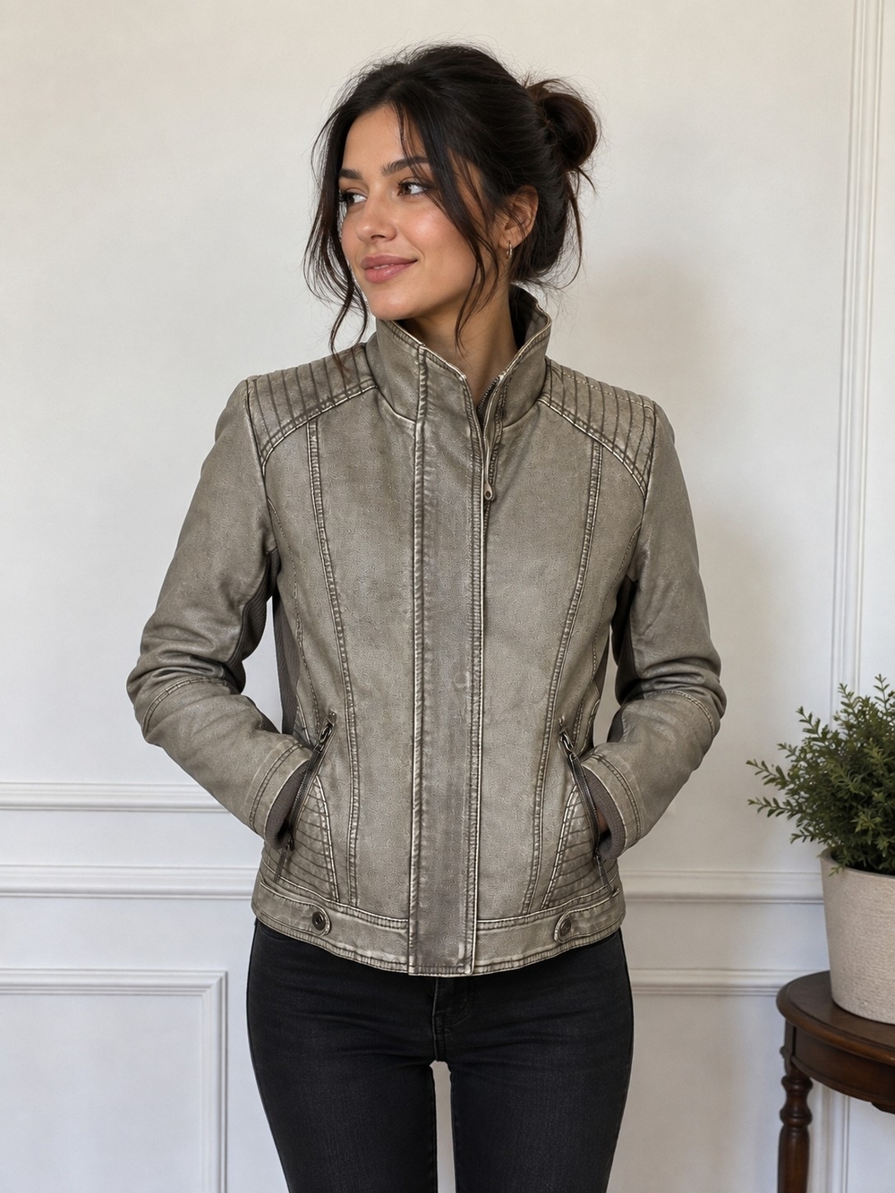 SEB Women’s Faded Taupe Zip-Front Moto Jacket Faux Leather S